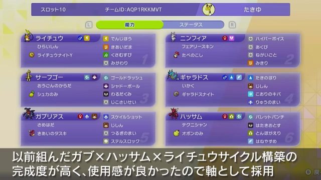 メガライチュウY・メガギャラドス構築の6匹とチームID
