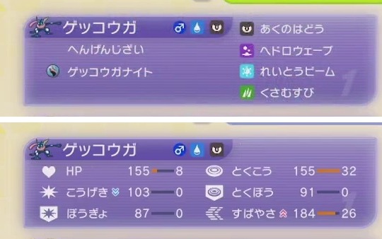 ゲッコウガの特性・持ち物・4つの技・能力値・能力ポイントを表示したゲーム画面