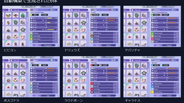 メガギャラドス構築｜自動構築のビビヨン先発＋天然ラウドボーン選出【チャンピオンズ・シングル】の構築画像