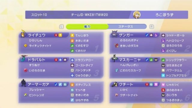 メガライチュウY×ゲンガー対面構築｜チームID・6体育成・基本選出の構築画像