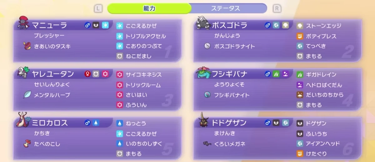 マニューラ、メガボスゴドラ、ヤレユータン、フシギバナ、ミロカロス、ドドゲザンの特性、持ち物、4つの技
