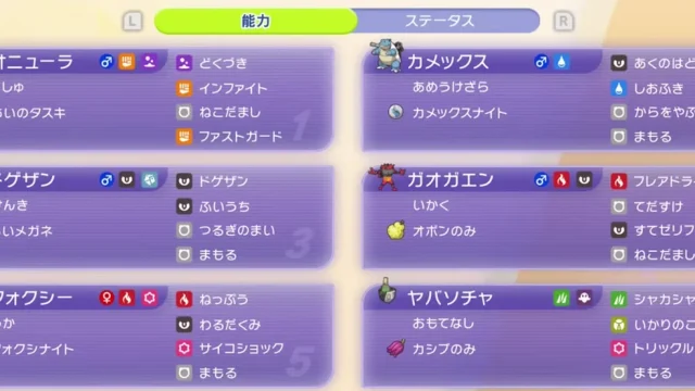 メガカメックス構築｜3番ヤバソチャを残し、オオニューラ／ガオガエン先発へ分岐【ポケモンチャンピオンズ・ダブル】の構築画像
