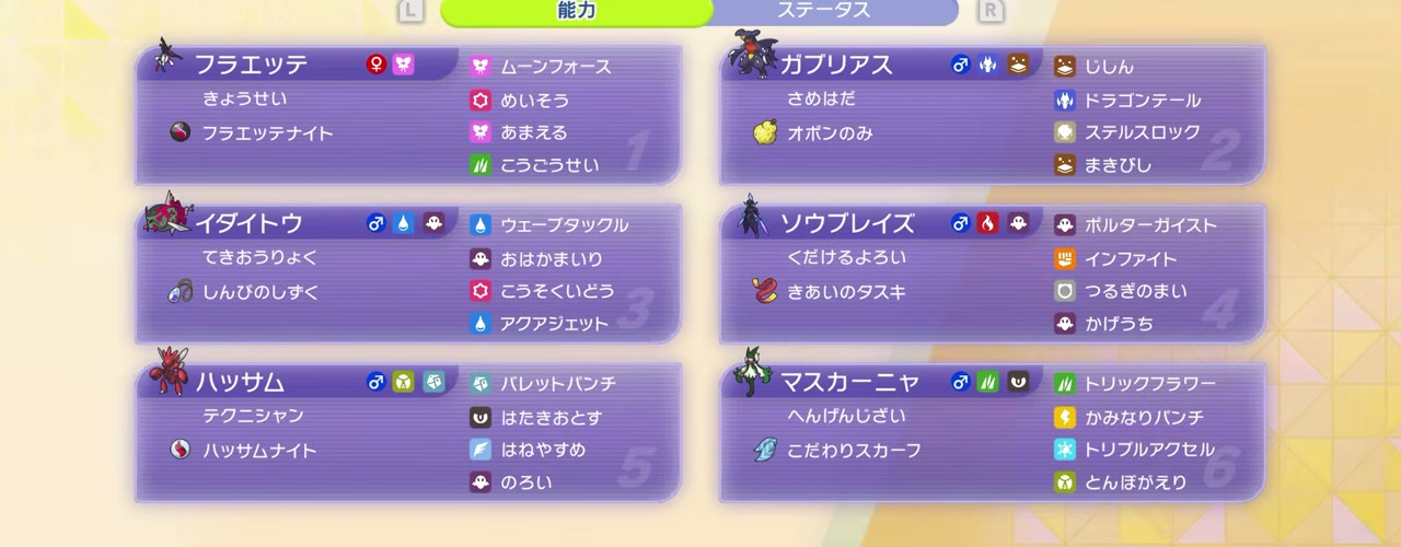 メガフラエッテ、ガブリアス、イダイトウ、ソウブレイズ、メガハッサム、マスカーニャの特性、持ち物、4つの技