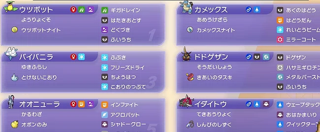 ウツボット、カメックス、バイバニラ、ドドゲザン、オオニューラ、イダイトウの特性、持ち物、4つの技