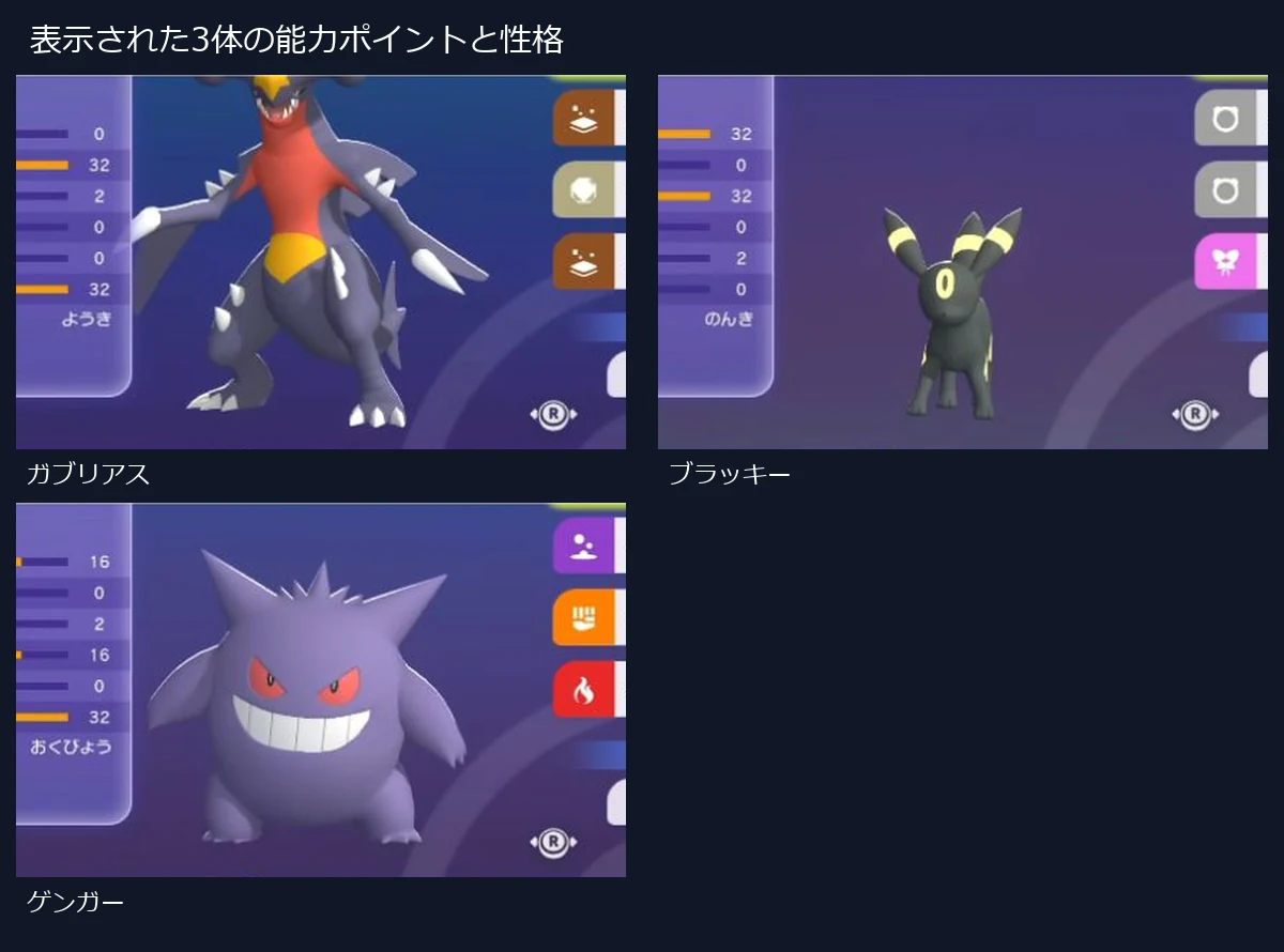 ガブリアス、ブラッキー、ゲンガーの能力ポイントと性格