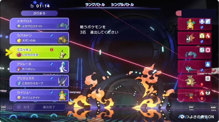 メタグロスナイト、オボンのみ、いのちのたま、たべのこし、こだわりスカーフ、カイリュナイトを持たせた6体