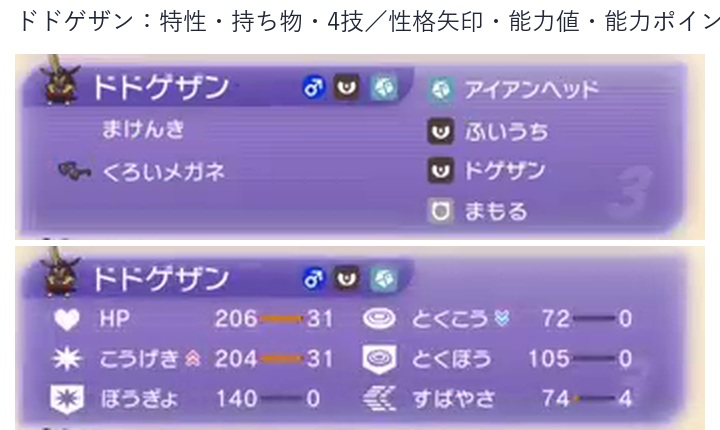 ドドゲザンの特性、持ち物、4技、性格補正、能力値、能力ポイント