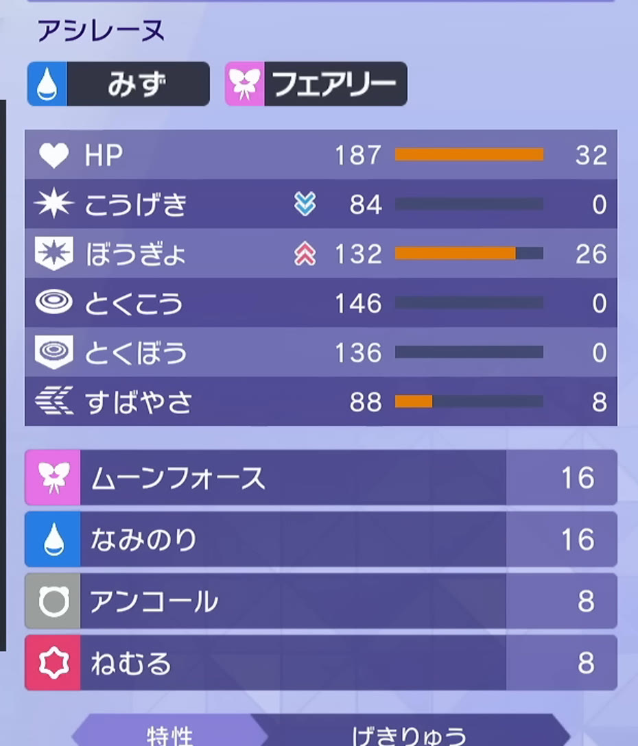 アシレーヌの能力値、能力ポイント、ムーンフォース、なみのり、アンコール、ねむる