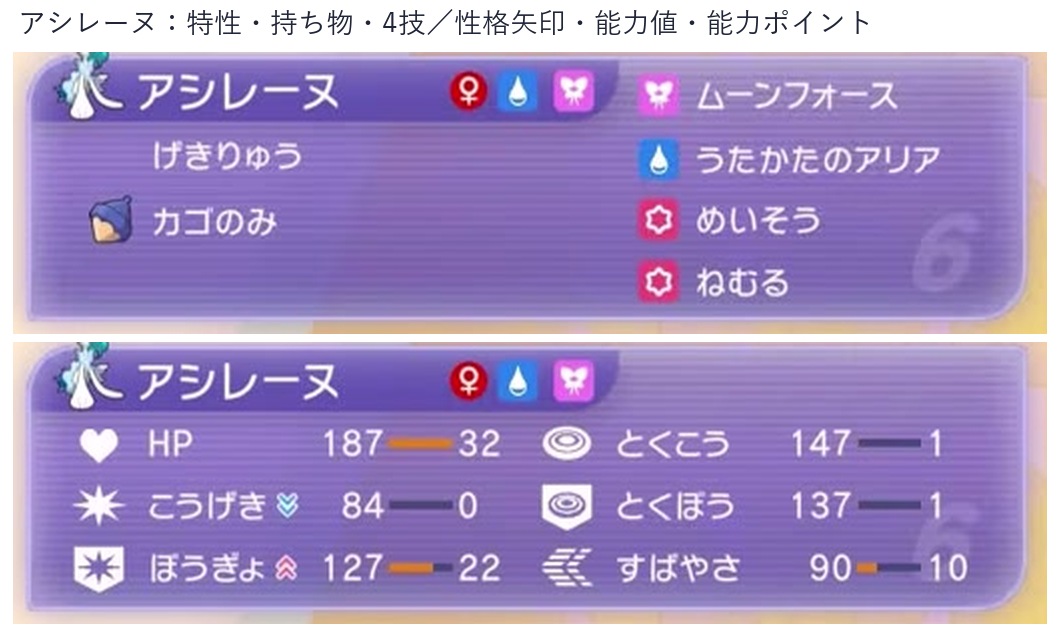 アシレーヌの特性、持ち物、4技、性格補正、能力値、能力ポイント