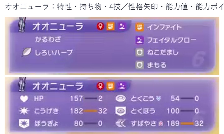オオニューラの特性、持ち物、4技、性格補正、能力値、能力ポイント