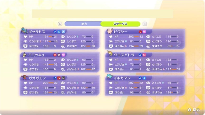 6体の能力値とHP、攻撃、防御、特攻、特防、素早さの能力ポイント