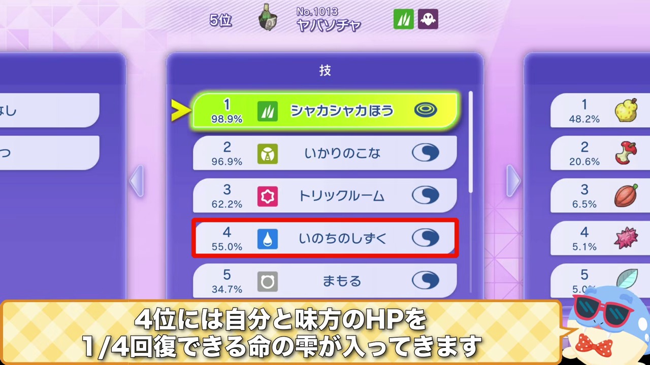 ダブルのサポート役で採用される技を確認する画面