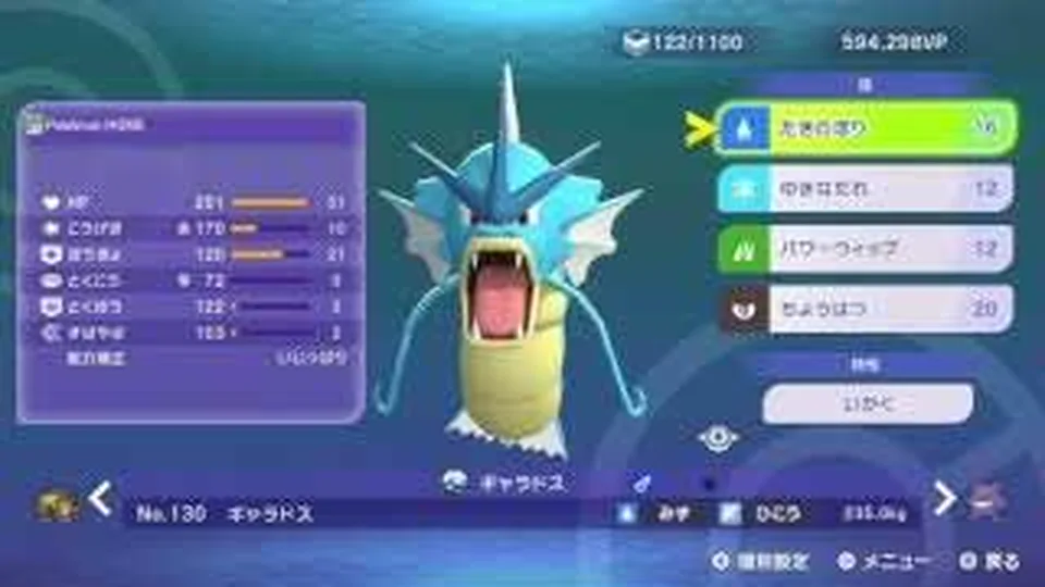 ギャラドスの技、持ち物、特性を表示したゲーム画面
