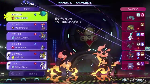 第1試合でメガユキメノコ、ウルガモス、ガブリアスを選出した場面