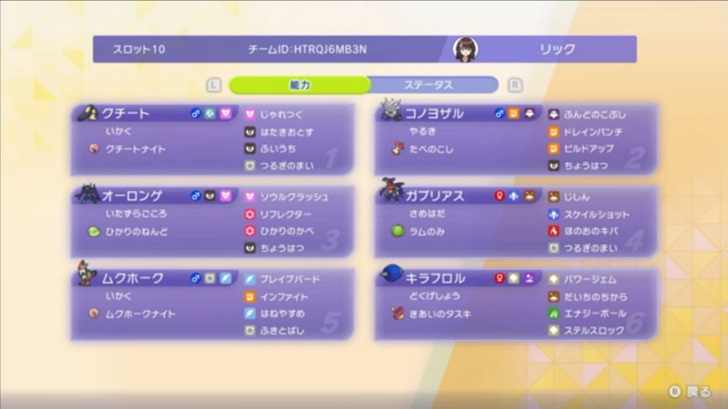 6体の特性・持ち物・技構成一覧