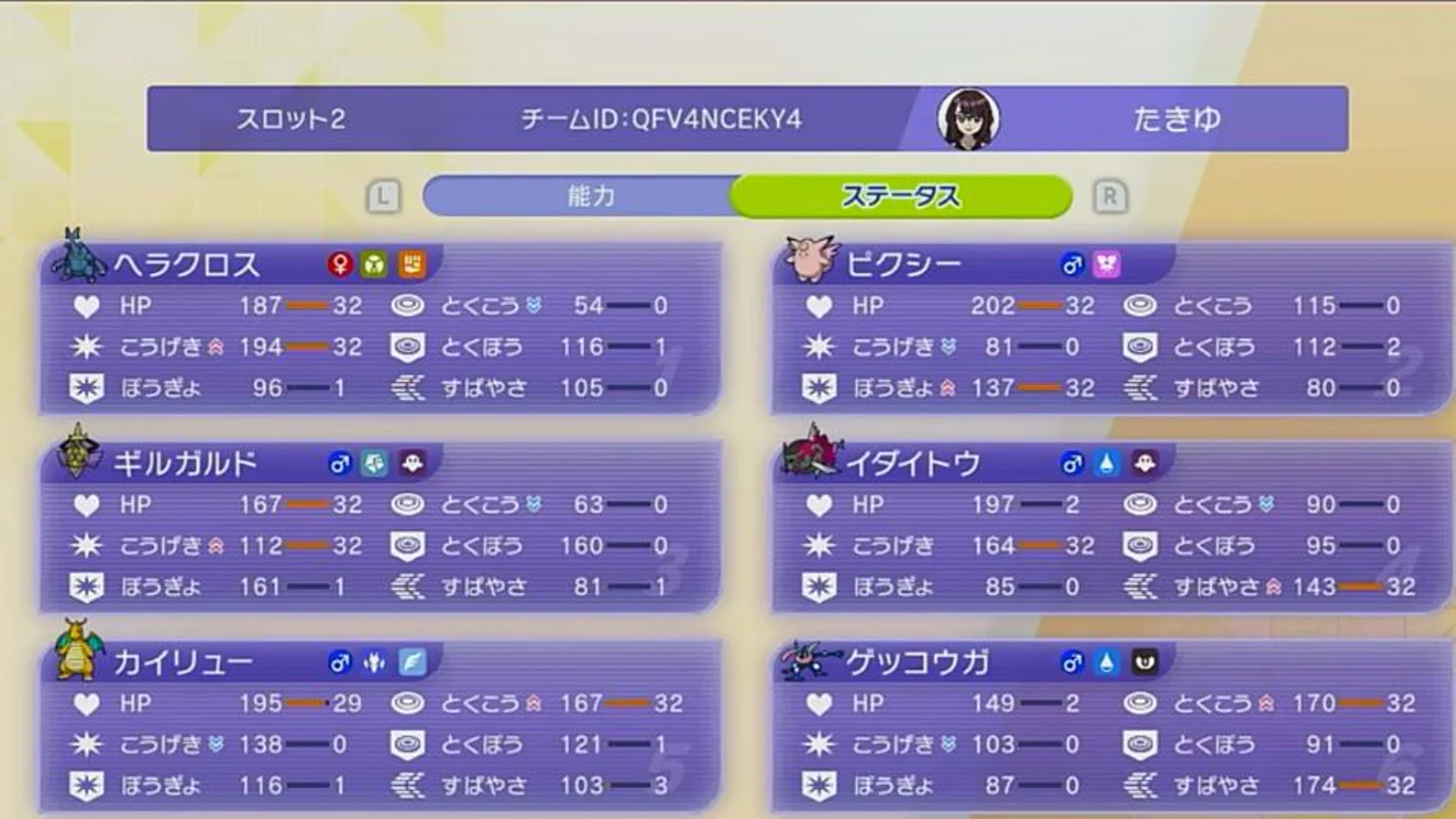 ヘラクロス、ピクシー、ギルガルド、イダイトウ、カイリュー、ゲッコウガの能力配分を表示したゲーム画面
