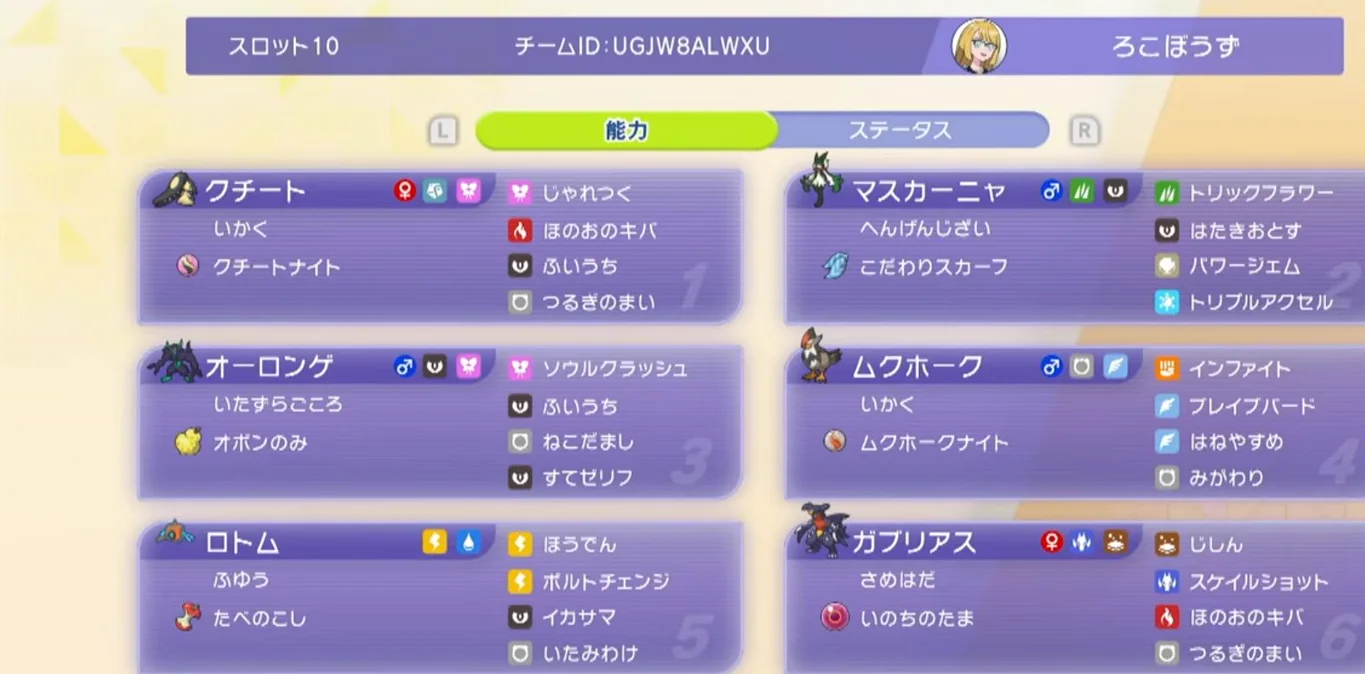 メガクチートとメガムクホーク構築のチームID、6体の技、特性、持ち物