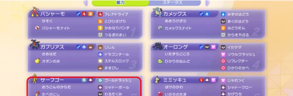 壁オーロンゲ構築の6体、特性、持ち物、技を表示したポケモンチャンピオンズの画面