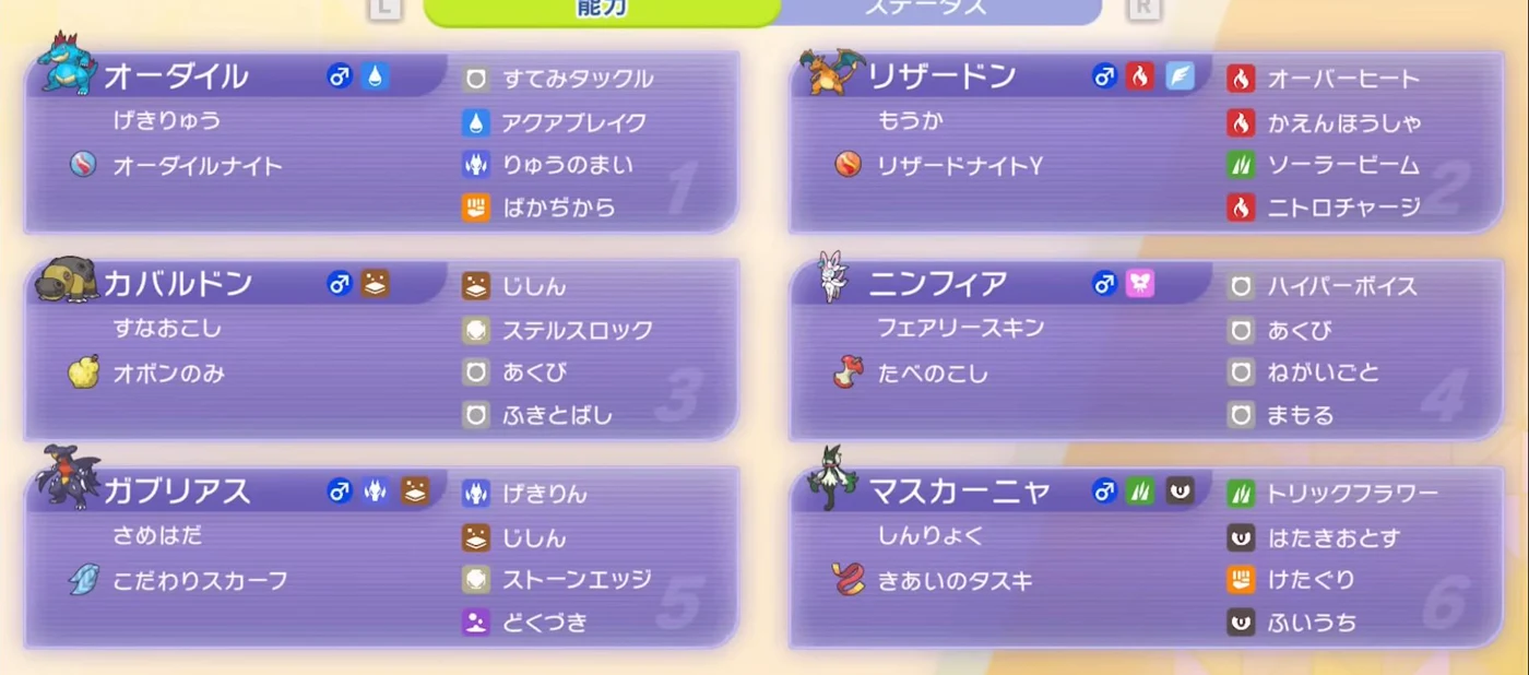 オーダイル、リザードン、カバルドン、ニンフィア、ガブリアス、マスカーニャの特性、持ち物、4つの技