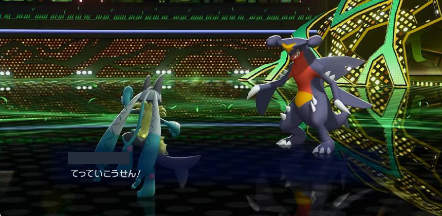メガルカリオZがガブリアスにてっていこうせんを使う場面